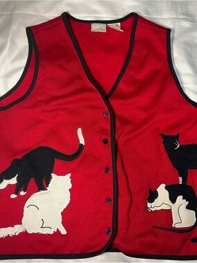 Vintage Blair Boutique Cat Lady Sweater Vest Fleece Red Black XL Cute